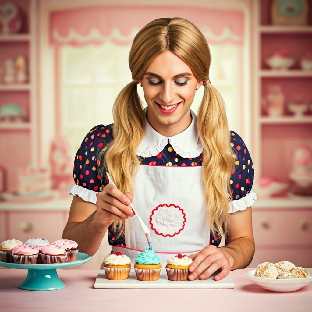 Cheerful Baker in Whimsical Bakery with Colorful Pastries