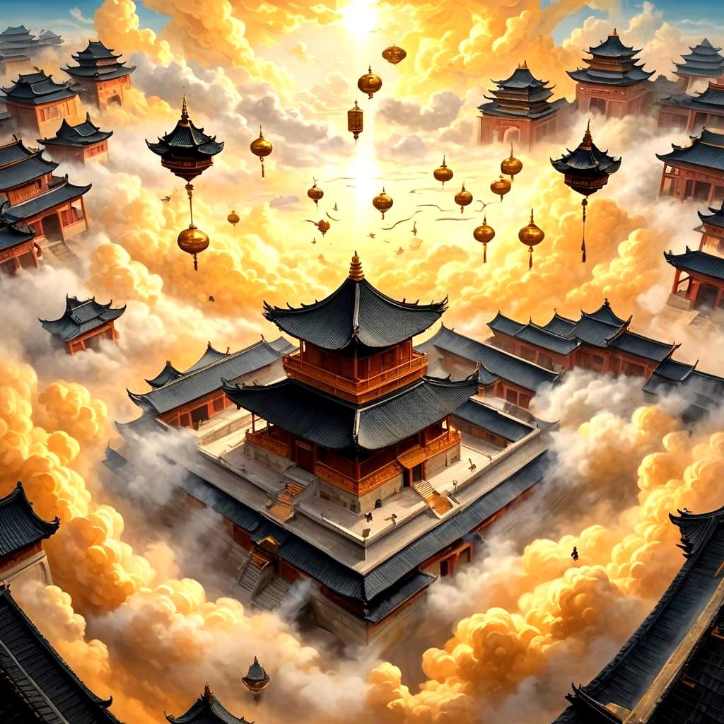 Surreal Shaolin Temple in Golden Clouds Dreamscape