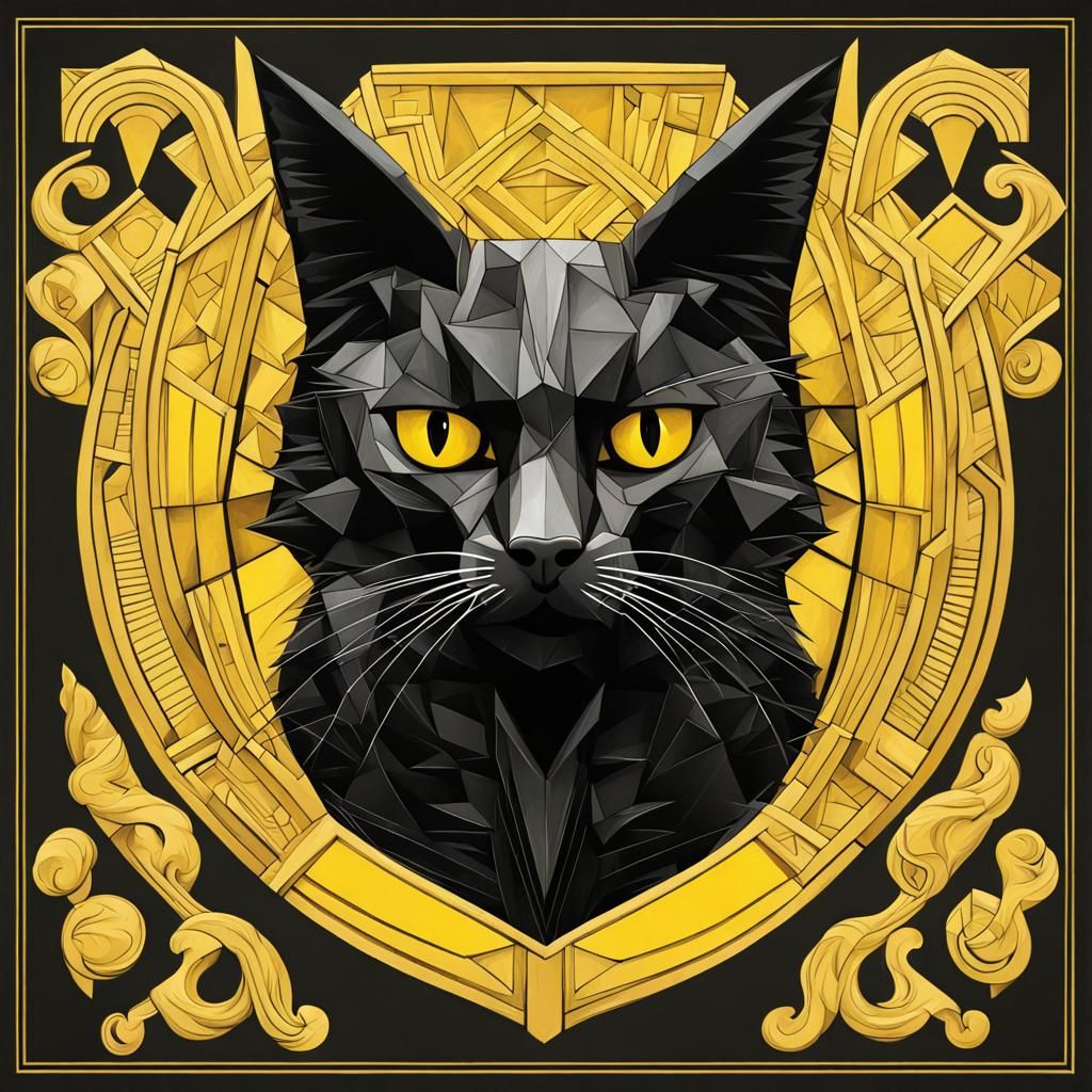 Cubist Black Cat Coat of Arms in Art Deco Style
