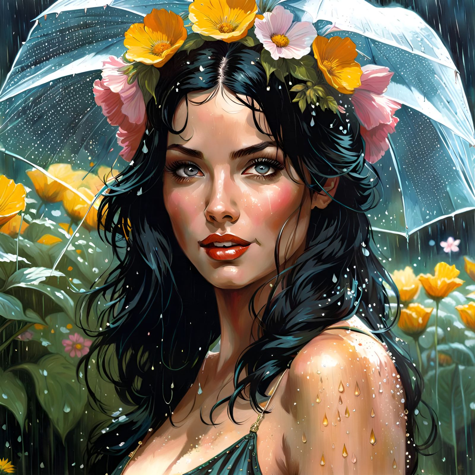 Radiant Woman in Floral Rain, Hyperrealistic Style