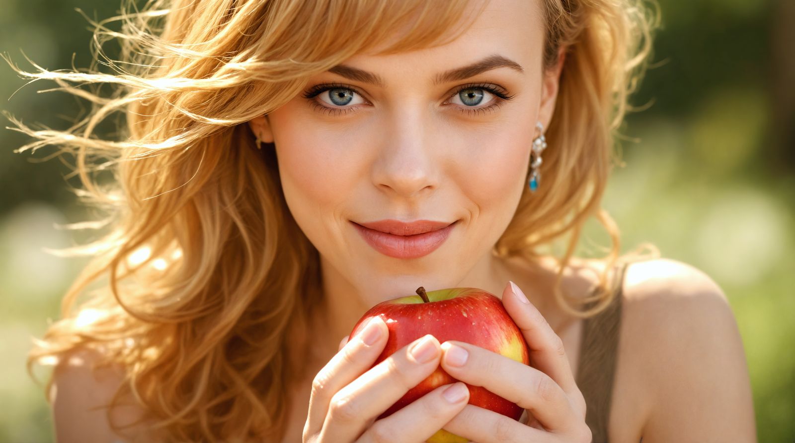 Rachel McAdams in a Bright Sunny Moment with a Juicy Apple
