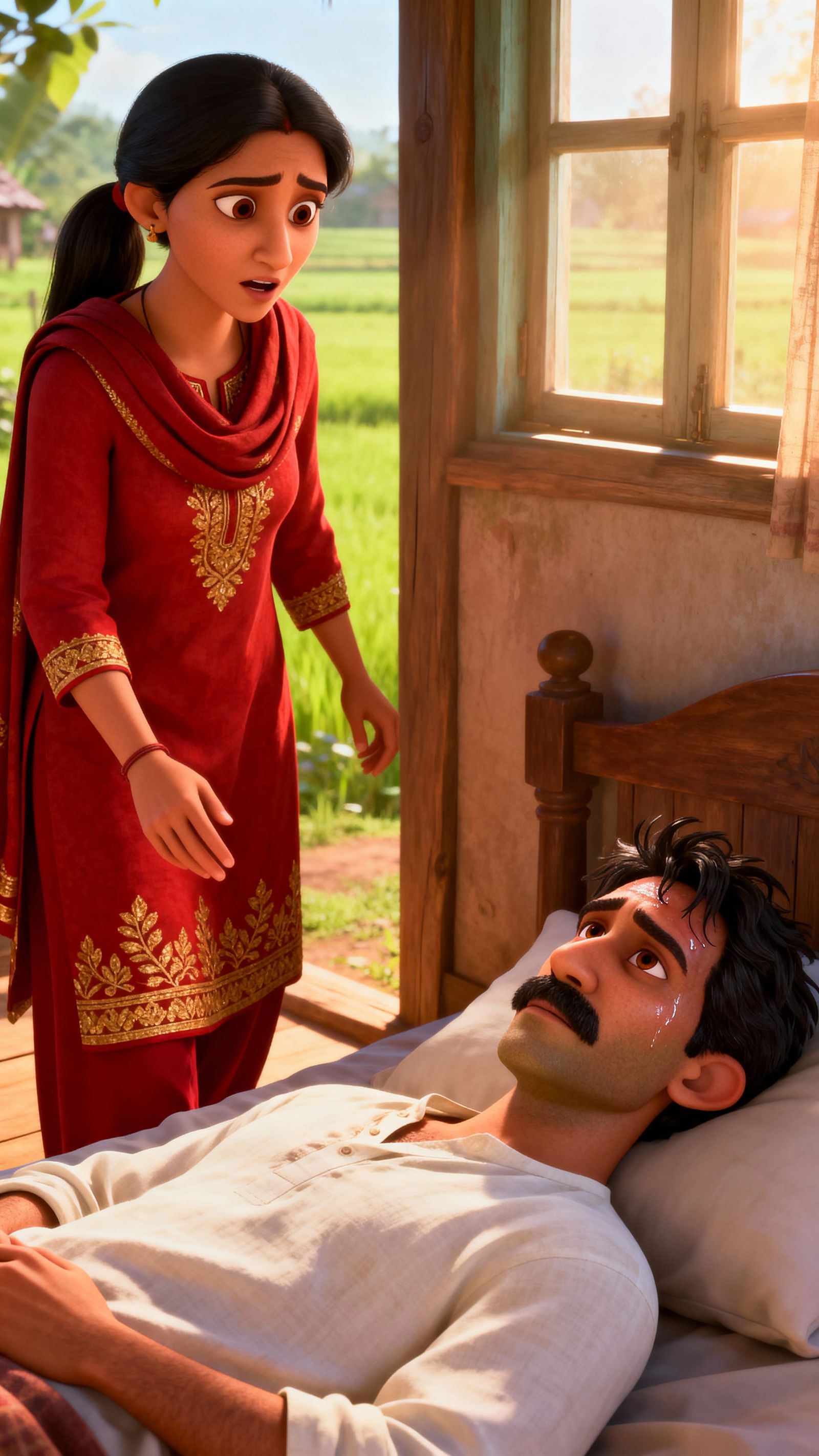 Pixar Style Woman Cares for Sick Man in Farmhouse