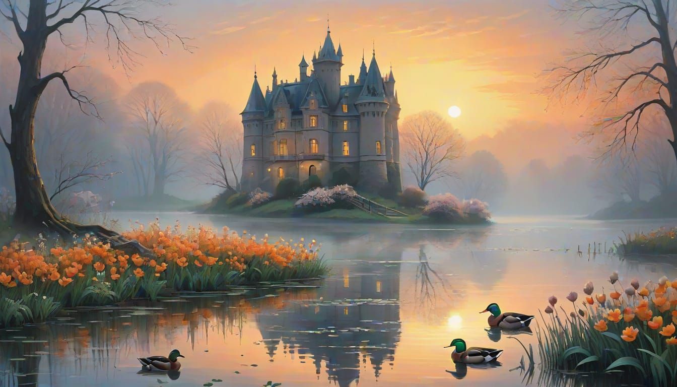Victorian Castle by Lake: Impasto Acrylic Illustration