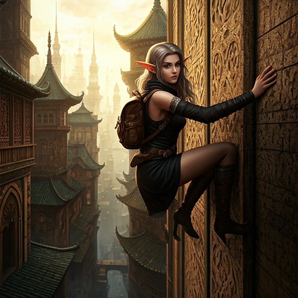 Mystical Thief Ascends Oriental Cityscape
