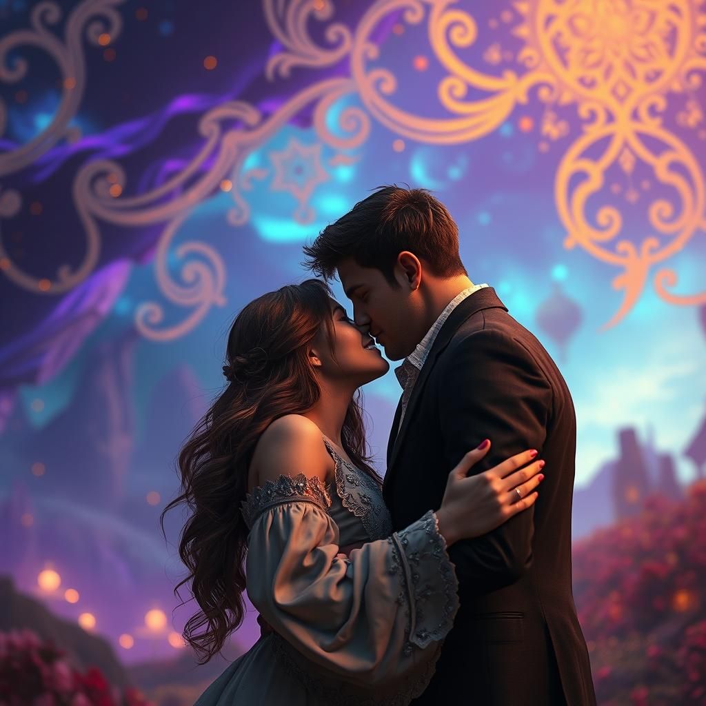 Romantic Kiss in Dreamlike Fantasy Landscape