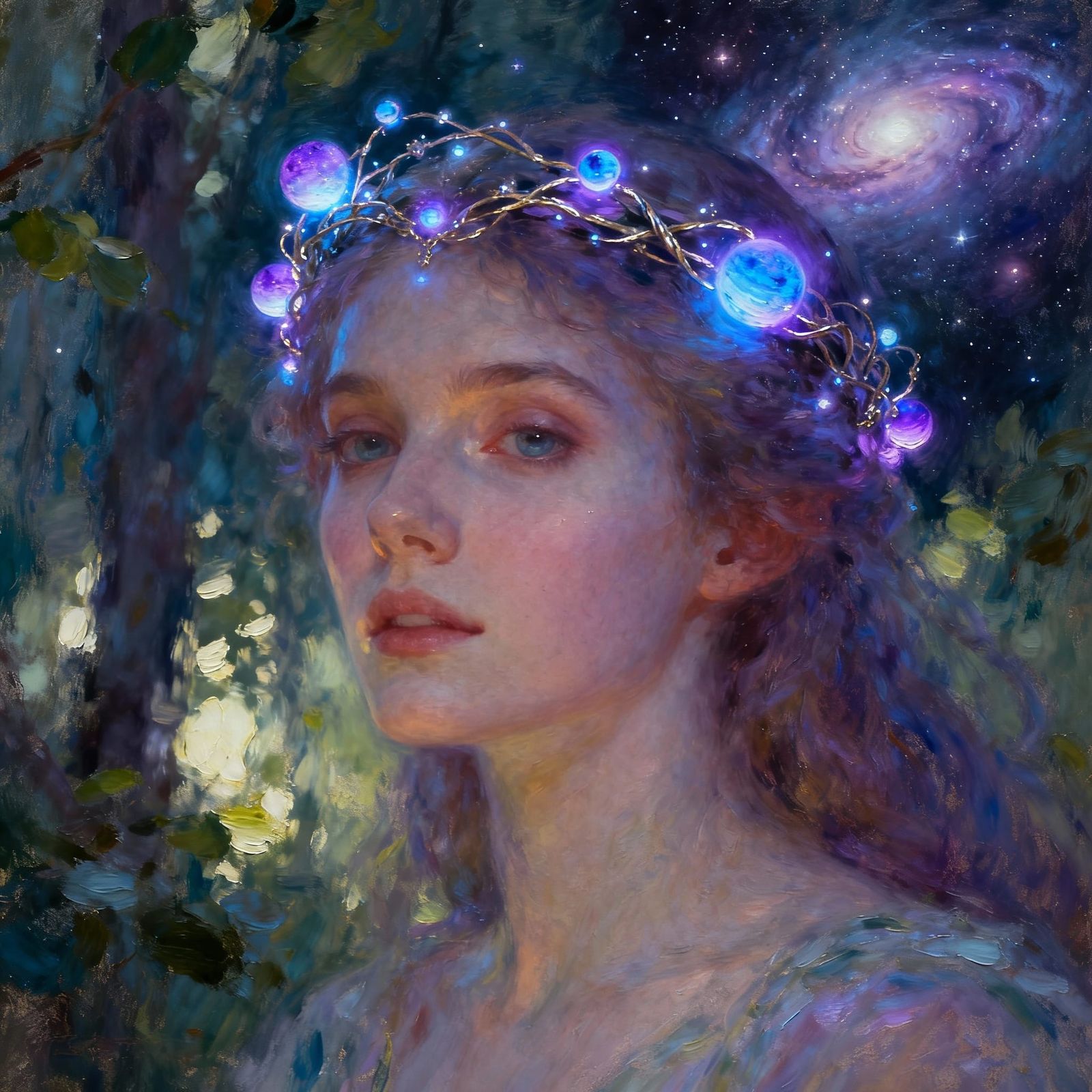 Celestial Vine Tiara Worn by Forest Nymph in Cosmic Glow