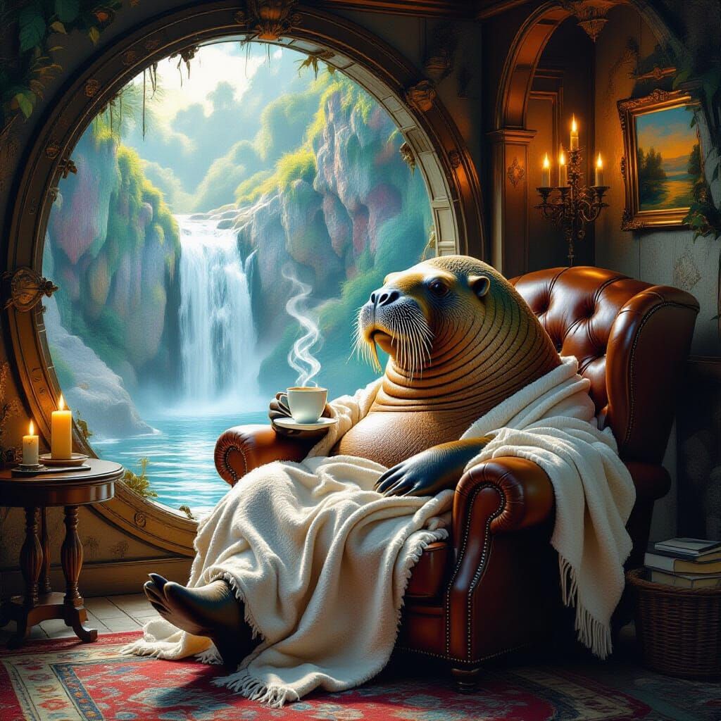 Walrus Enjoys Coffee in Ethereal Waterfall Realm