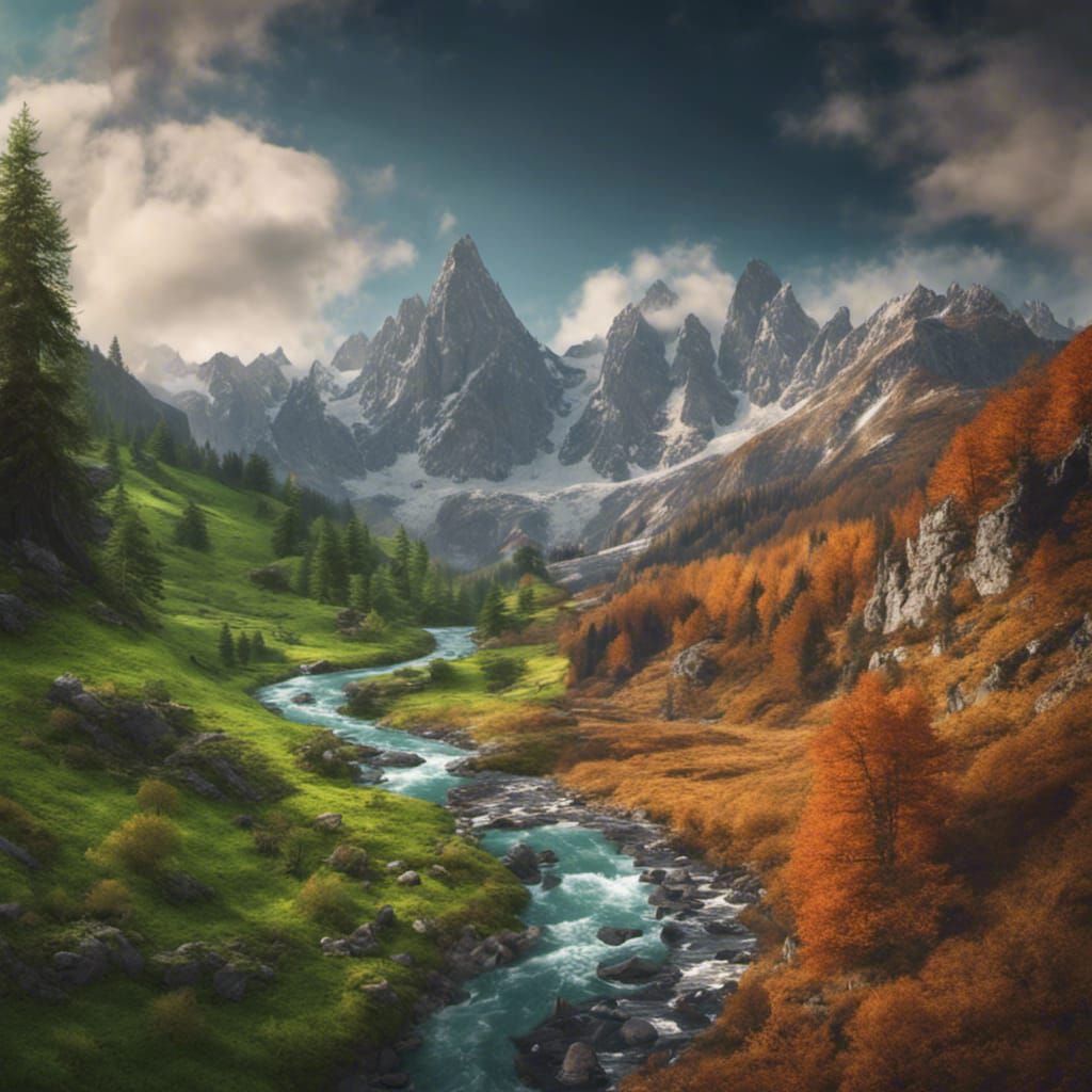 a mountain valley in spring and autumn