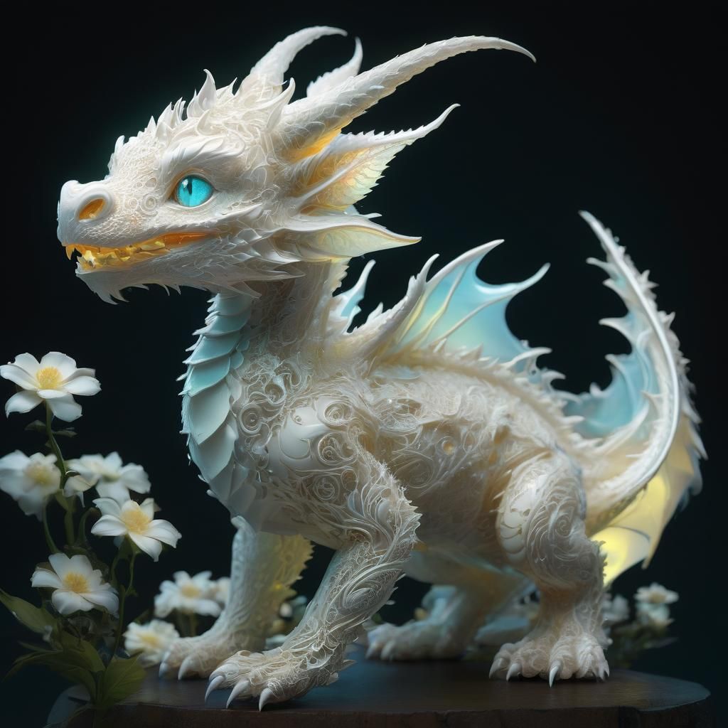 Luminous Dragon Cub with Bioluminescent Flowers