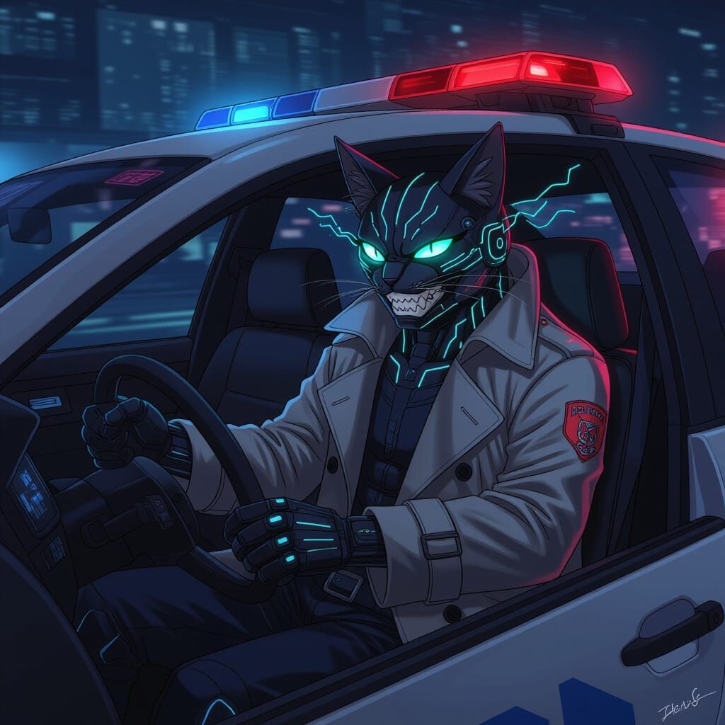 Cybernetic Cat in Cyberpunk Cop Car, Anime Art Style