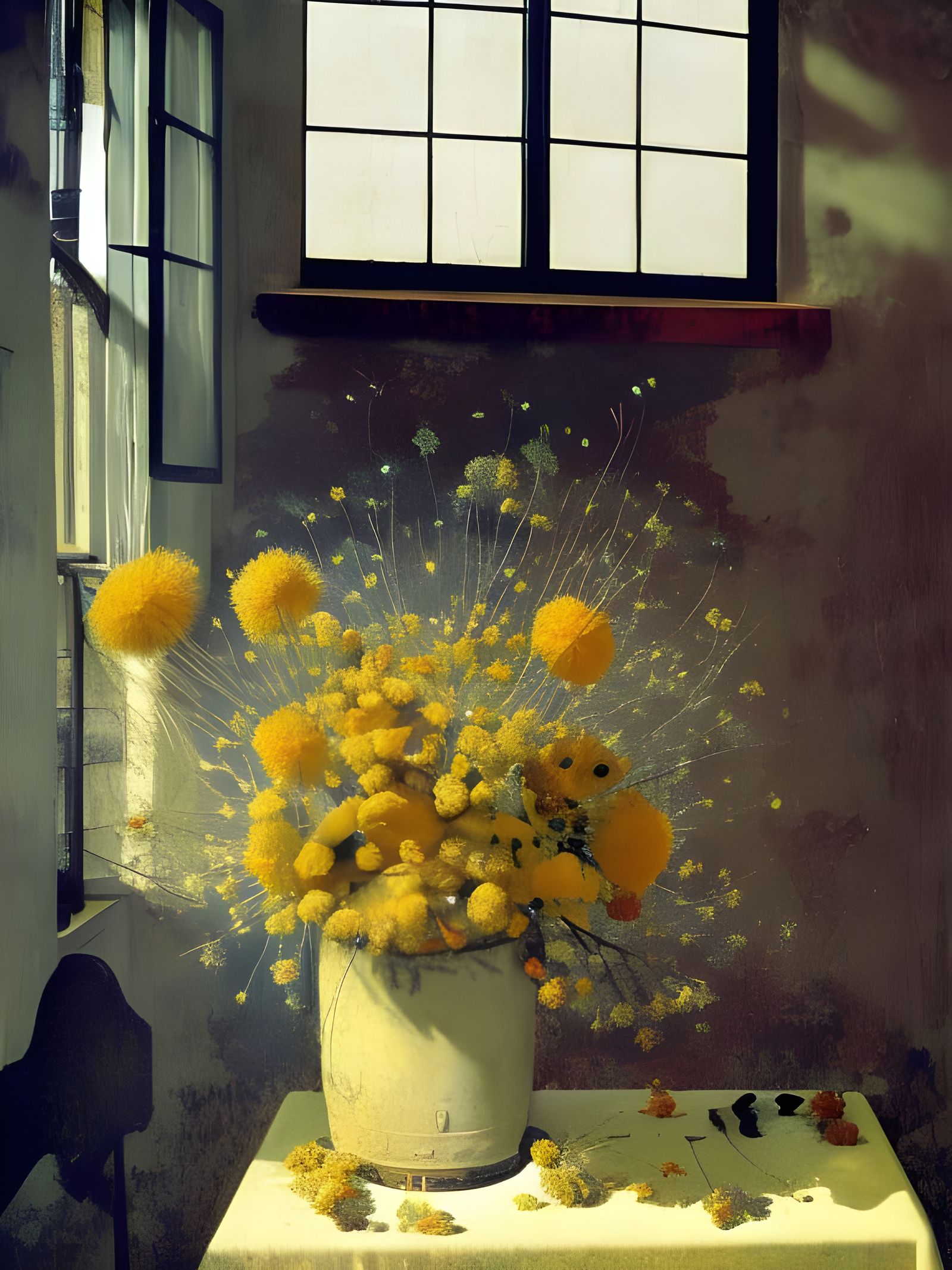 Dried Flowers in Copper Bucket: Pollock and Vermeer Style