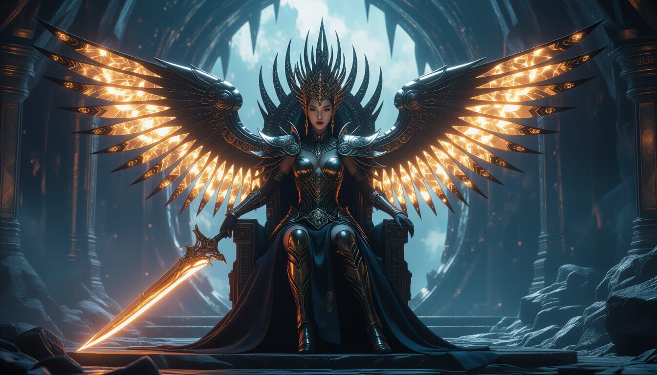 Regal Asian Queen with Biomechanical Wings and Steampunk Arm...