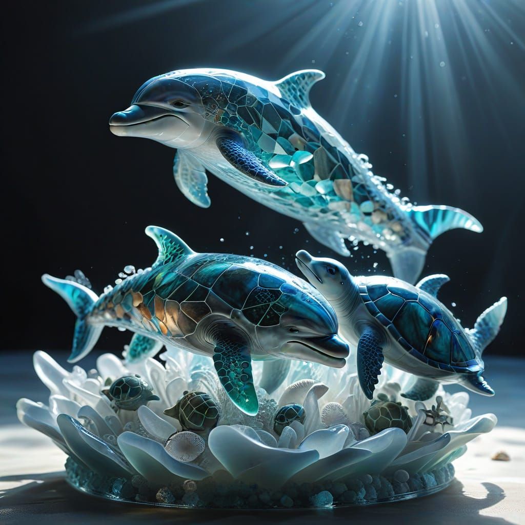 A Clear white  Sea glass sculpture made out of dolphins and ...