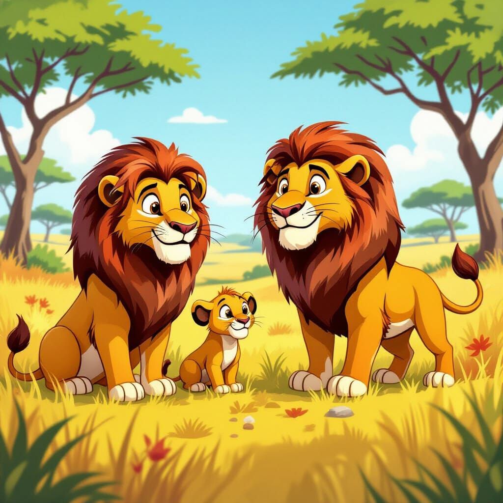 Cartoon Lions Roam the African Savannah