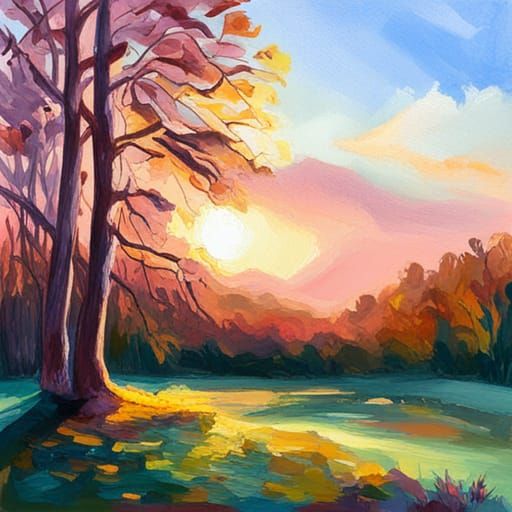 Forest clearing at sunset