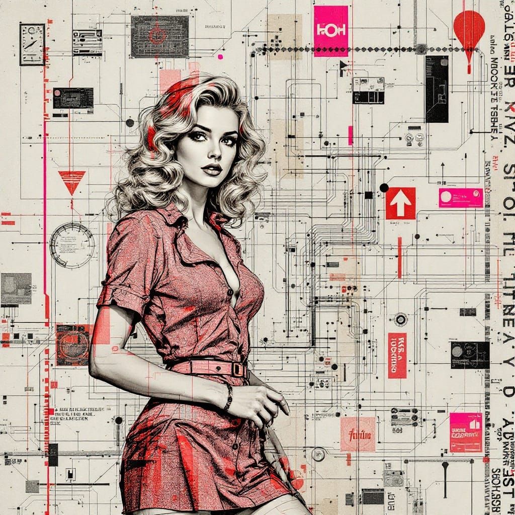 1950s Pin-Up in Glitch Art Style