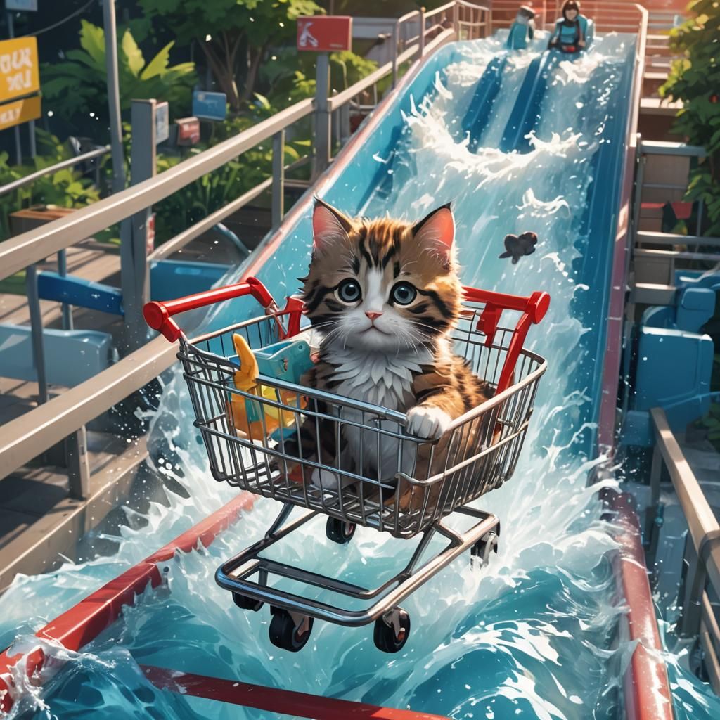 Kitten Rides Shopping Cart Down Waterslide in Anime Style