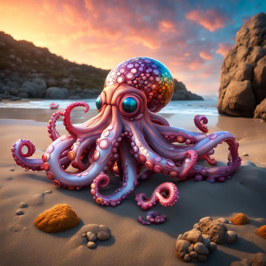 Balloon Octopus on Rocky Beach at Sunset