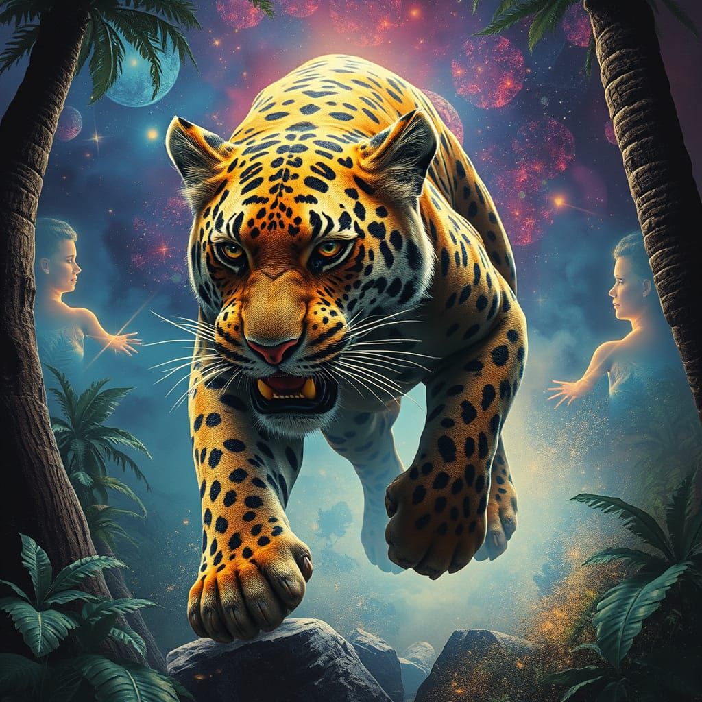 Jaguar Paw Flees Mayan King in Cosmic Jungle Illustration