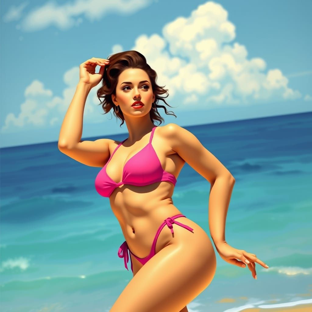 Curvy Woman in Pink Bikini, Art Nouveau Style