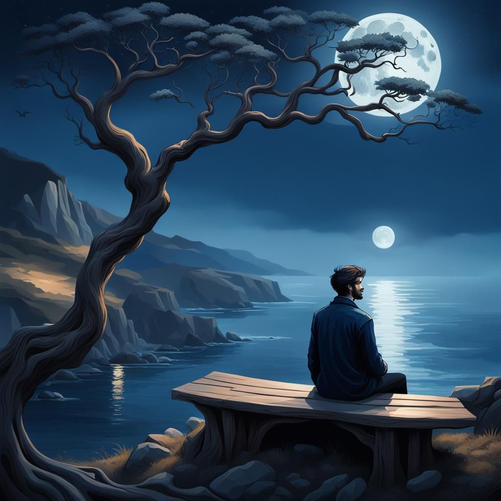 Moonlit Figure Beneath T-Branch Tree: Surreal Portrait