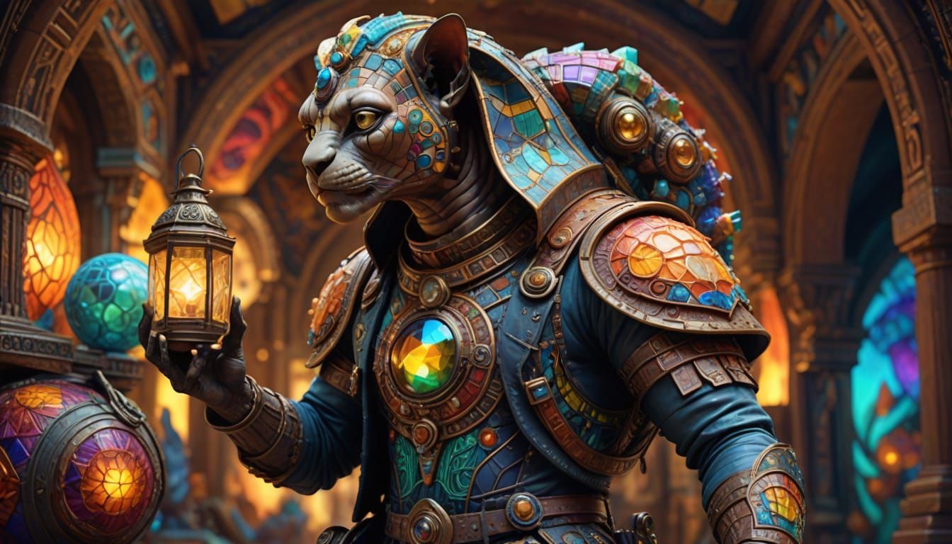 Whimsical Sphinx Hybrid in Bismuth Fractal Landscape