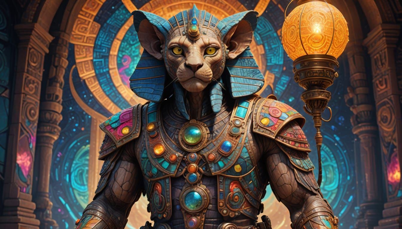 Whimsical Sphinx Hybrid in Vibrant Bismuth Fractals