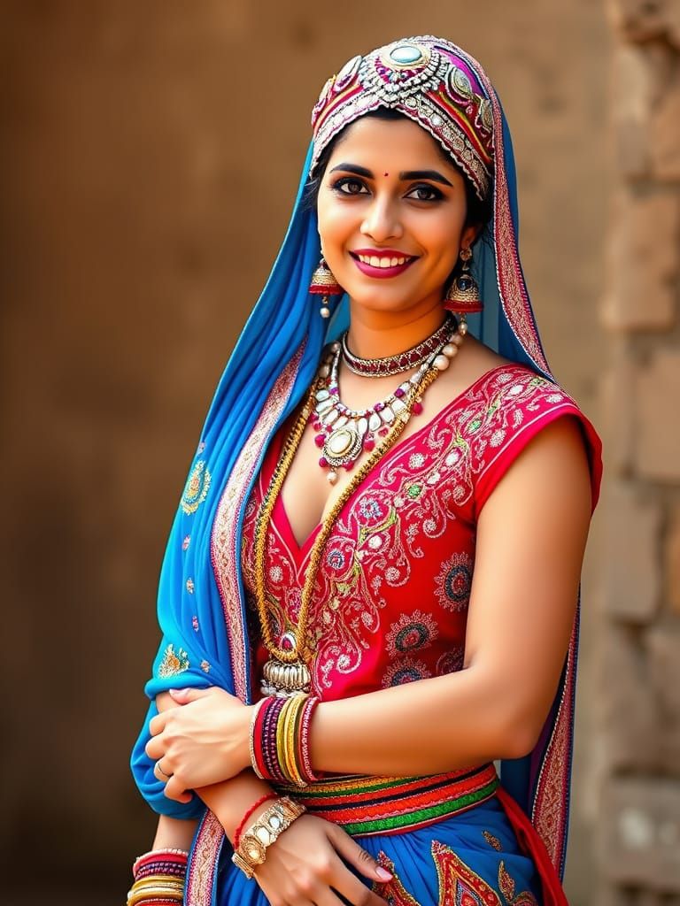 Woman in traditional Rajasthani attire, likely from India,  mid-20s to 30s,  with a warm, confident expression.  Vibrant...