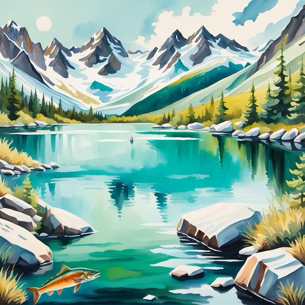 Glacial Lake Landscape in Gouache Style
