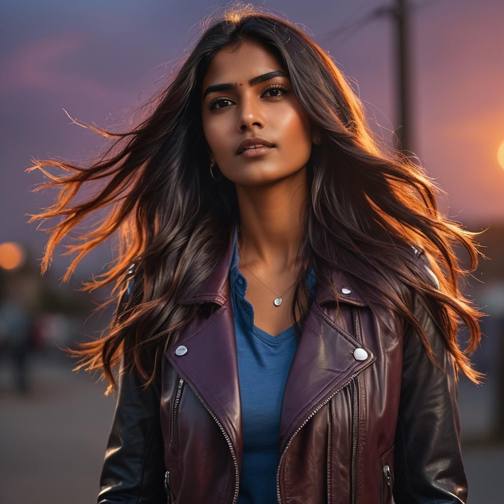 Indian Woman Portrait with Sunset Hair in Urban Setting