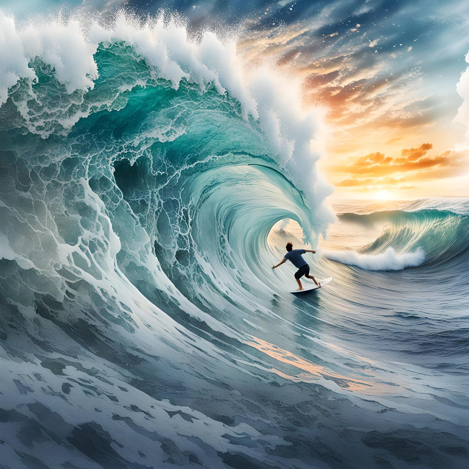 Enormous Surf Waves at Sunset in Watercolour Style