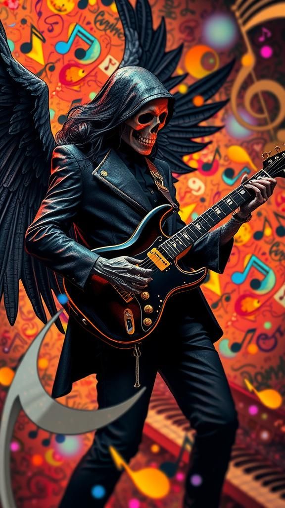 Hyper realism Death as a musician musical notes that resemble death scythe float in the air , whimsical jazz scene,...