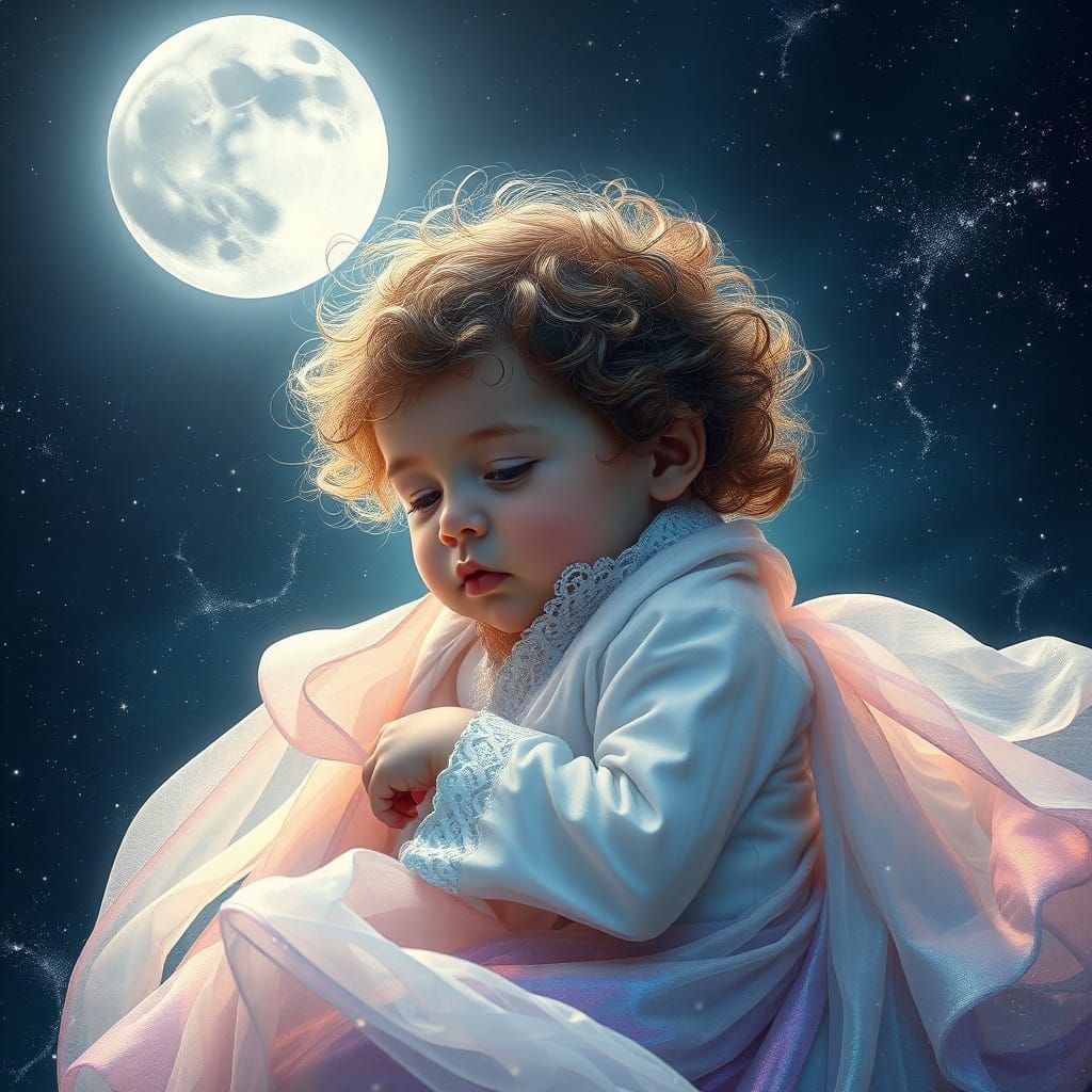Surreal Baby Enveloped in Ethereal Glow, Amidst a Celestial....