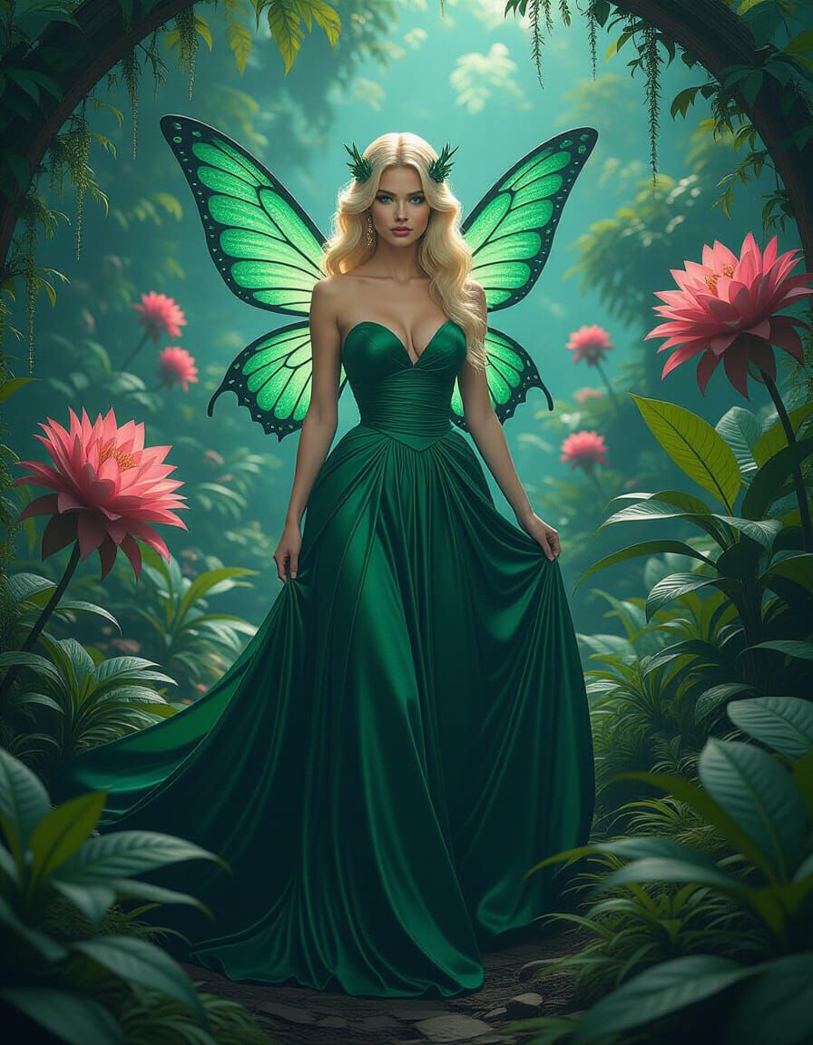Blonde Fairy in Bioluminescent Alien Garden as Matte Paintin...