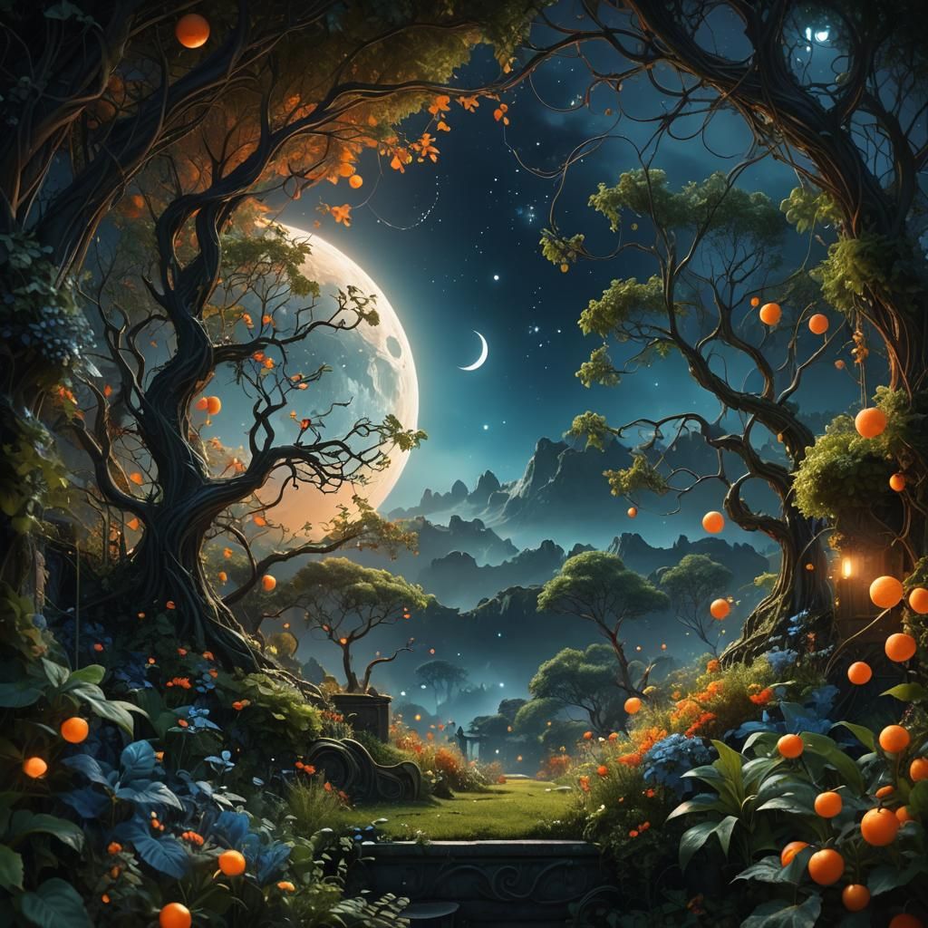 Lush Celestial Garden with Moon, Digital Art
