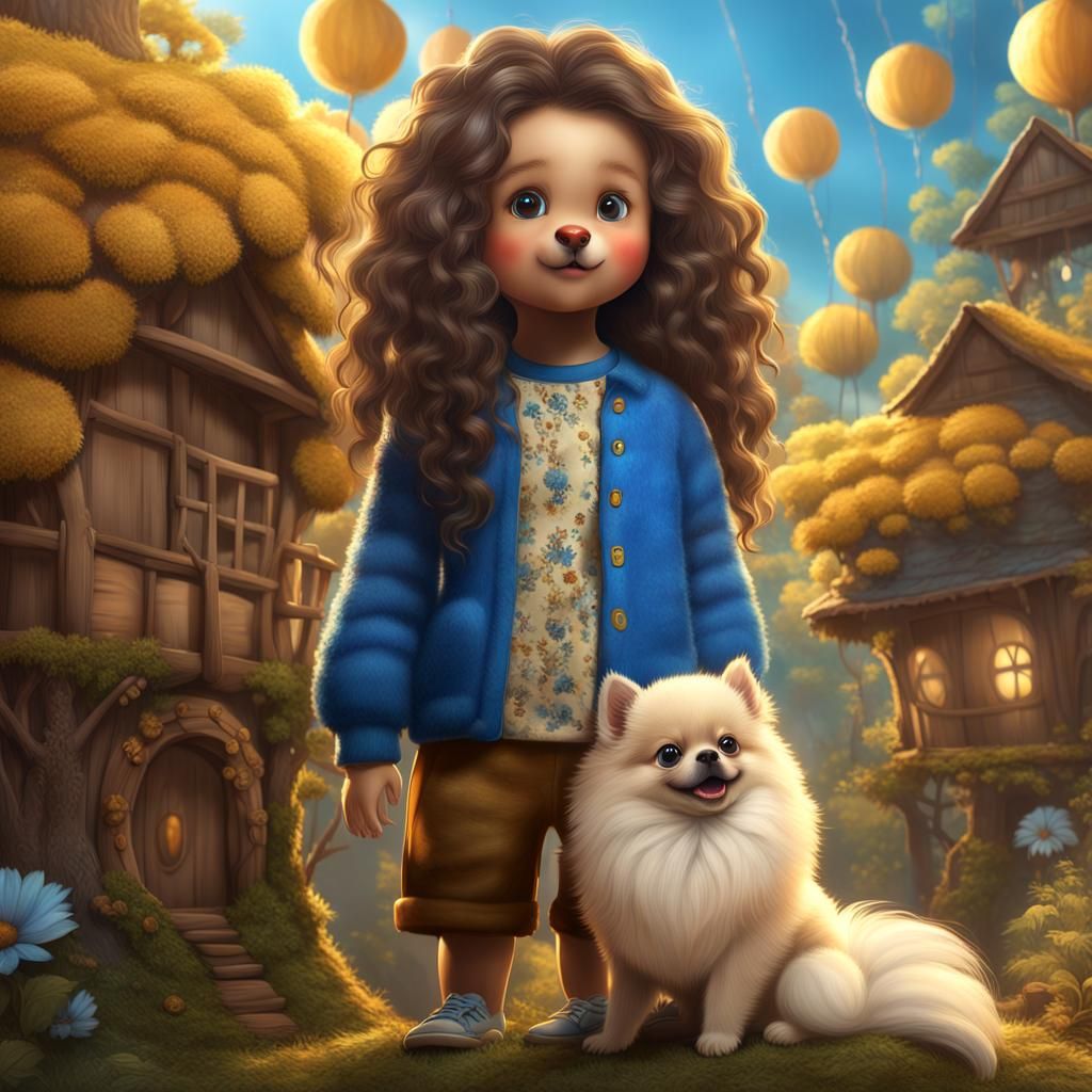 Pomeranian and Girl in Treehouse, Detailed Digital Art