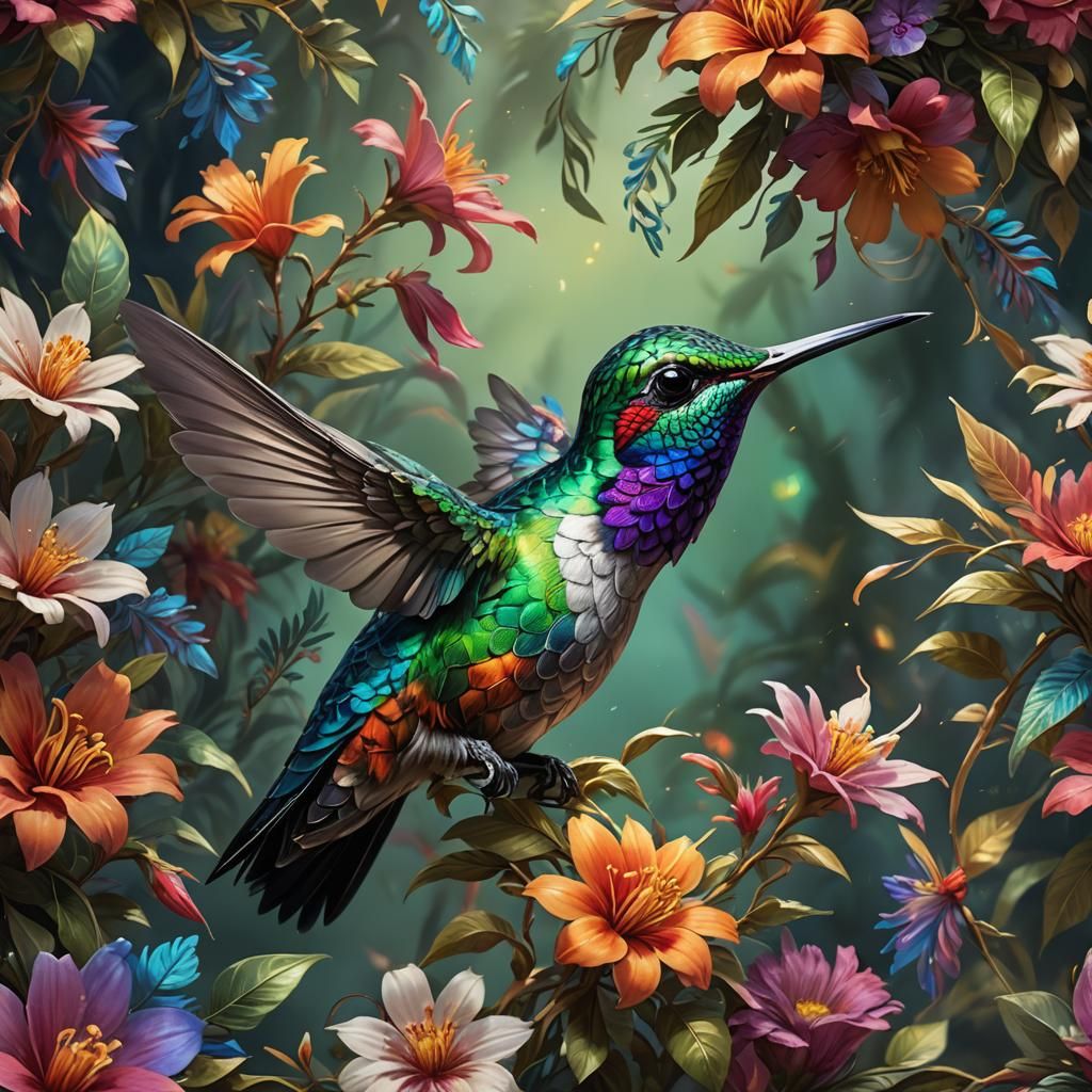 Hummingbird Portrait with Ornate Brushstrokes