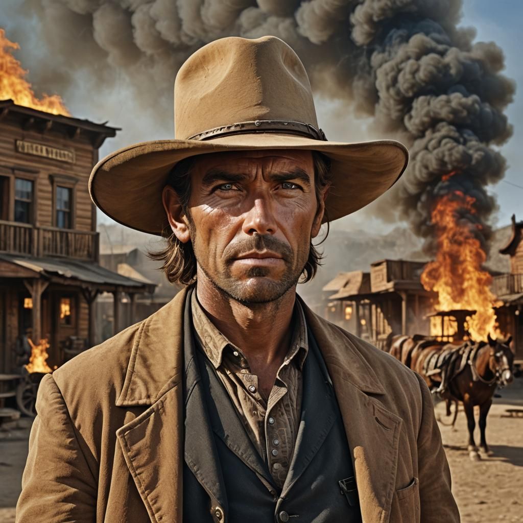 Wild West Man Portrait with Burning Town Backdrop