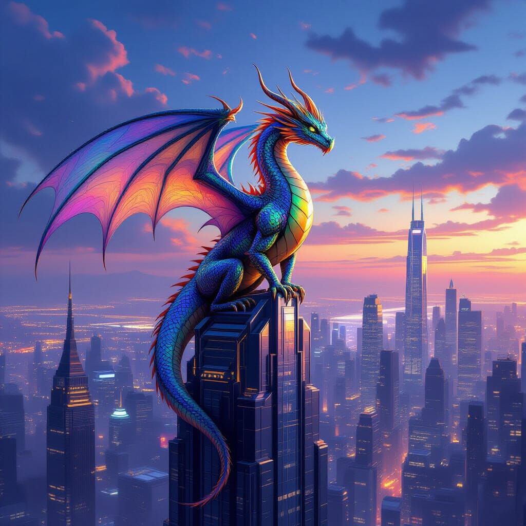 Iridescent Dragon Overlooking Futuristic Metropolis in Fanta...