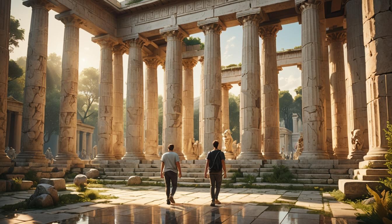 Greek Temple: Serenity Amidst Chaotic Dating, Digital Art