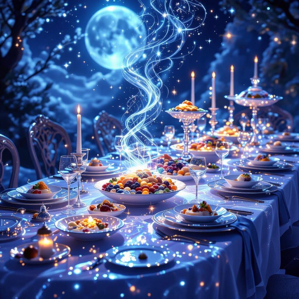 Ethereal Moonlight Banquet with Glowing, Levitating Food