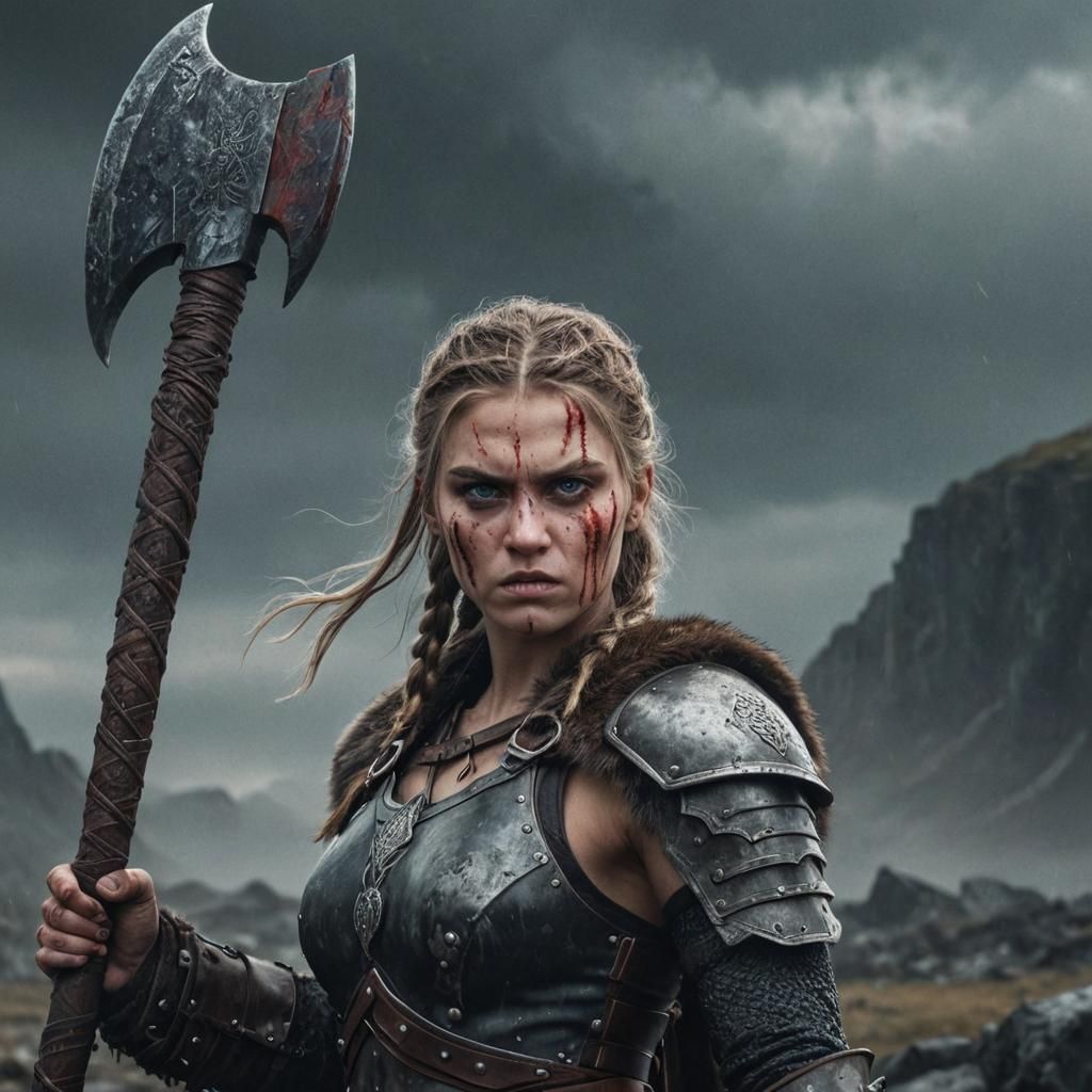 Female Viking Warrior Gripping Axe on Battlefield