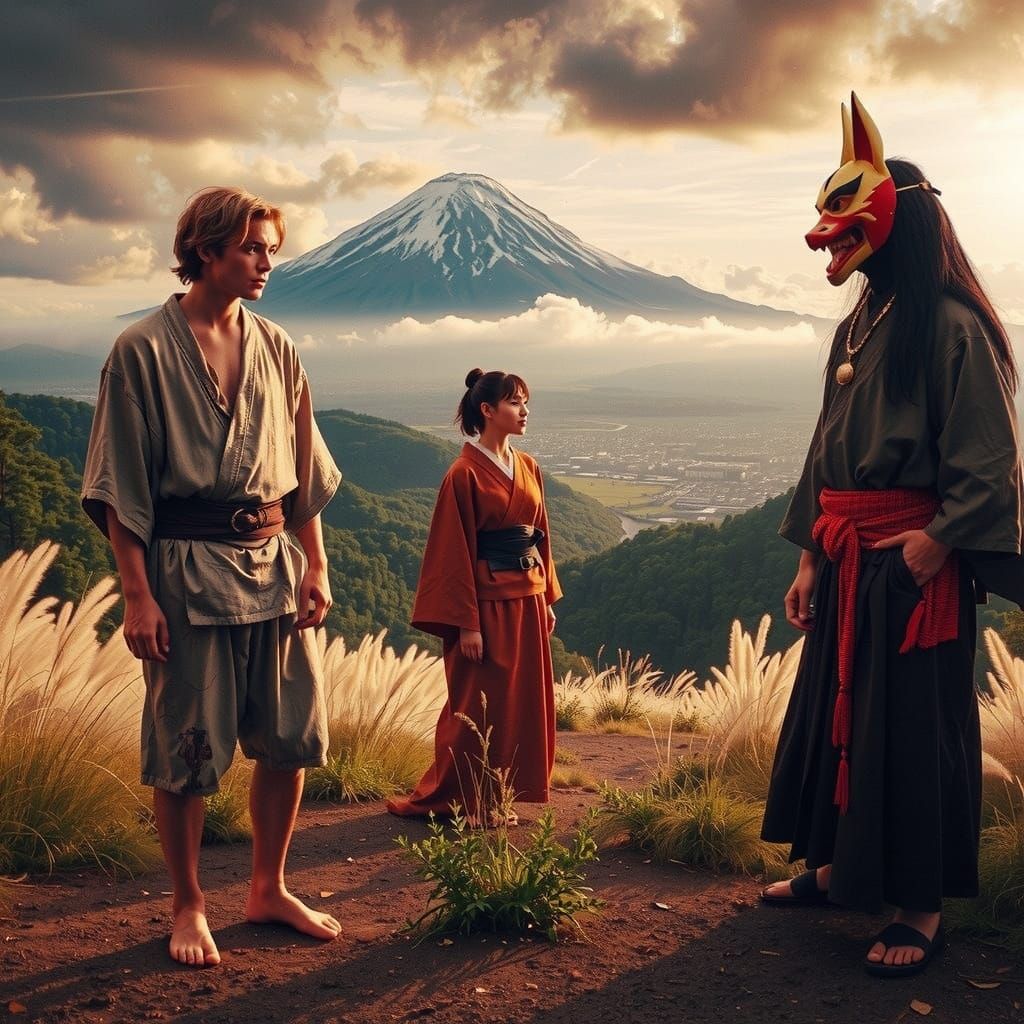 Tengu Meeting in Japanese Wilderness: Pre-Raphaelite Scene