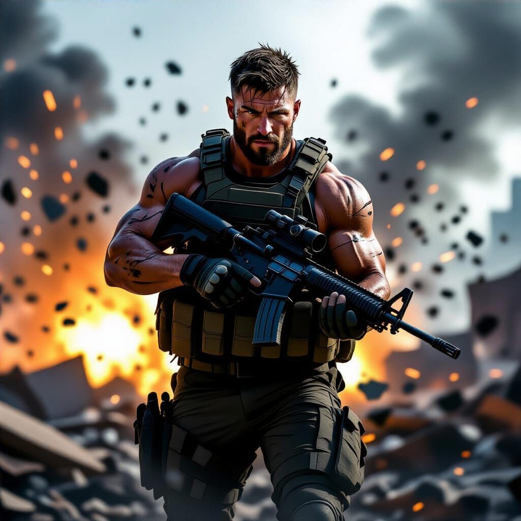 Heroic Soldier in Action: Hyper-Realistic Digital Painting