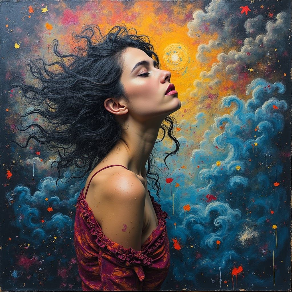 Abstract Lunar Woman: Expressionist Painting in Bold Colors