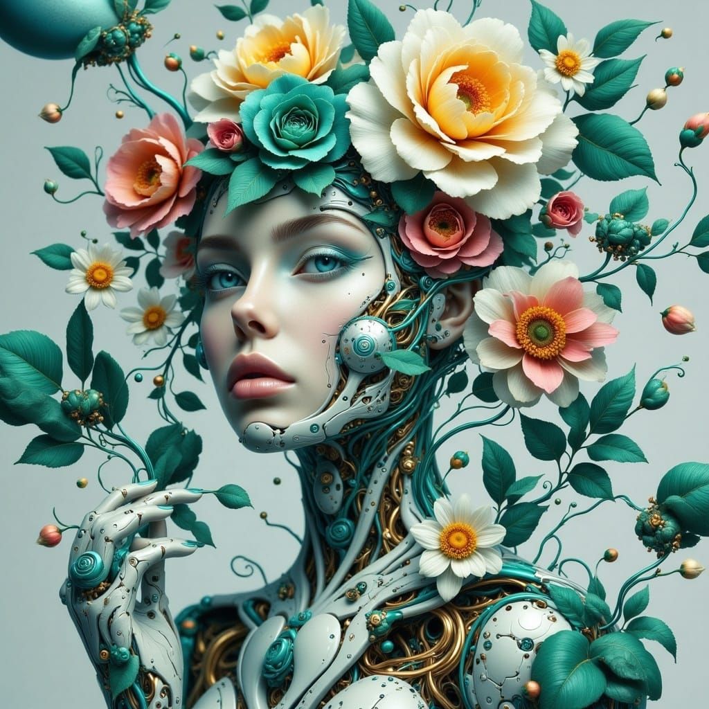 Biomechanical Human Fusion with Floral Decorations
