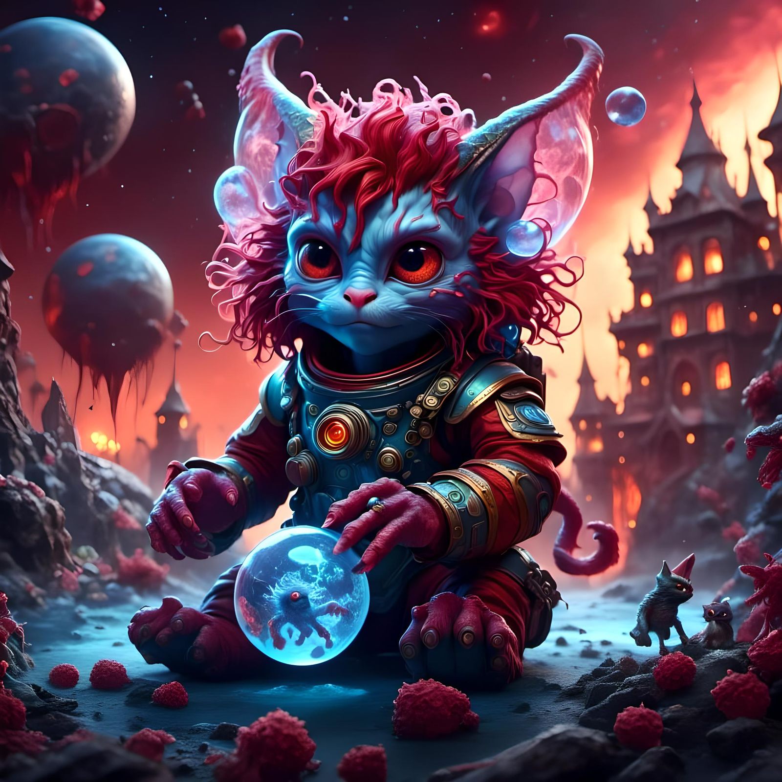 Blue Alien Playing with his Toys