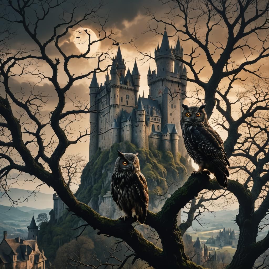 Owl Silhouette Overlooking Castle: Digital Matte Painting