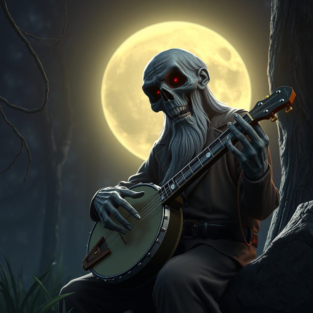 Anime Old Man Plays Banjo Under Celestial Light