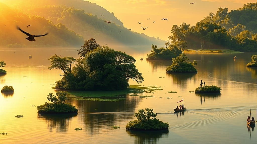 Floating Amazon Islands in Golden Sunlight Digital Painting